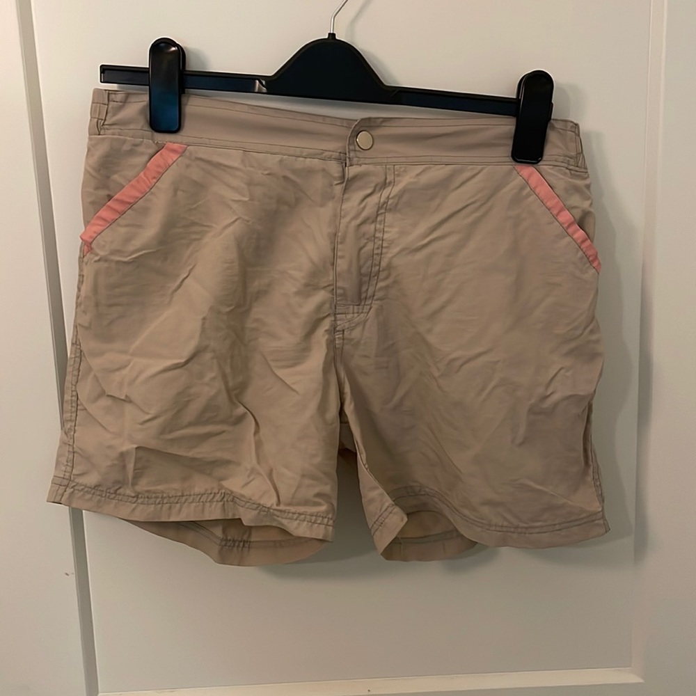 Desmit Khaki Nylon Spandex Slits Sport Swim Shorts with Button Closure